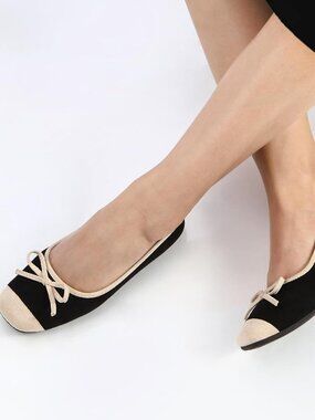 Women's Black Faux Suede Square Toe Slip On Cap Toe Bow Dressy Flat Shoes